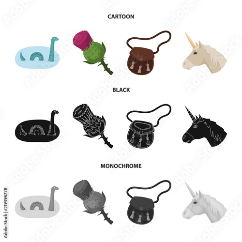 Loch Ness monster, thistle flower, unicorn, sporan. Scotland country set collection icons in cartoon,black,monochrome style vector symbol stock illustration web.