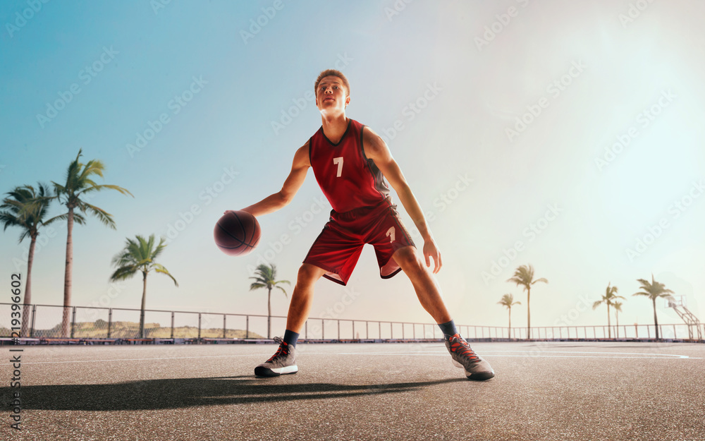 Streetball. Basketball player in action on sunset. Streetball. Basketball player in action on sunset.