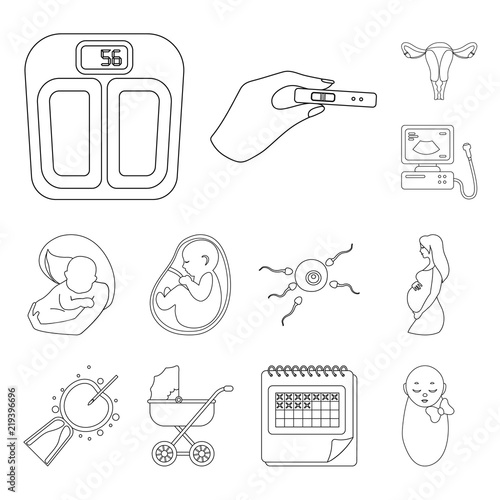 Woman and pregnancy outline icons in set collection for design. Gynecology and equipment vector symbol stock web illustration.