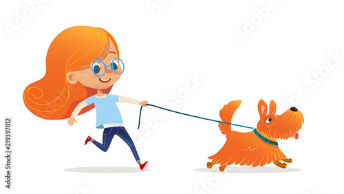 Funny little girl with red hair and glasses walking puppy on leash. Amusing redhead kid and dog isolated on white background. Child pet owner on promenade. Flat cartoon colorful vector illustration.