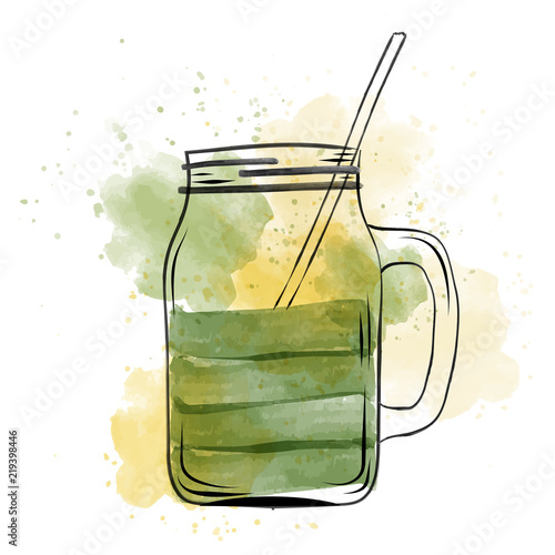 Hand drawn green smoothie jar in watercolor style