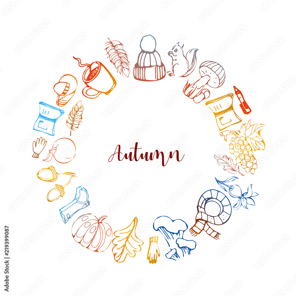 Round colorful frame with different line sketch autumn elements. Wreath for your design, greeting cards, posters.