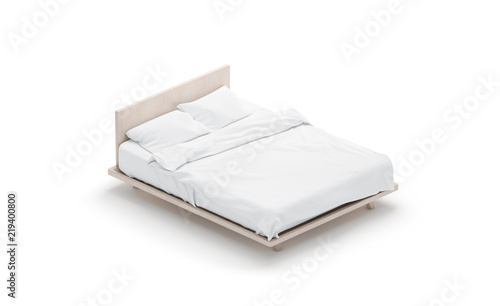 Blank white bed mock up, side view isolated, 3d rendering. Empty blanket and pillows mockup in place for sleep. Doss with clear mattress and bedsheet design template. Bedclothes with pilows and duvet. photo