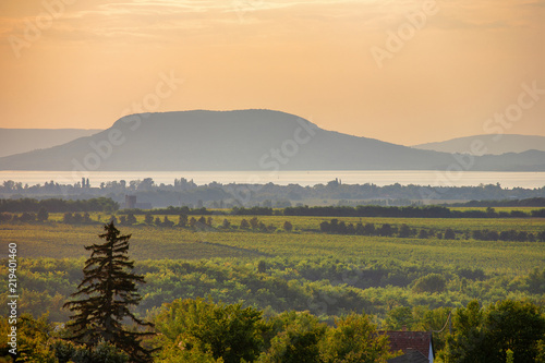 The Badacsony mountain with Lake Balaton and vineyards in the front at sunset in Hungary