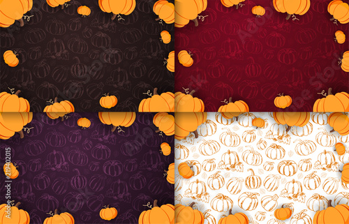 Set of Autumn Backgrounds with Pumpkin for shopping sale, promo poster and frame leaflet, web banner. Vector illustration template.