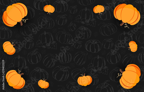 Autumn on the dark background with Hand-draw Pumpkins. Thanksgiving day. For shopping sale, promo poster and frame leaflet, web banner. Vector illustration template.