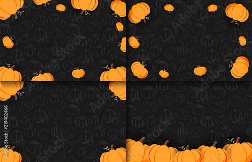 Set of Autumn banners on the dark background with Hand-draw Pumpkins. Thanksgiving day. For shopping sale, promo poster and frame leaflet, web banner. Vector illustration template.