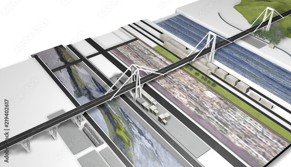 Modello tridimensionale del ponte Morandi di Genova, Liguria, Italia, illustrazione, 3D rendering - obrazy, fototapety, plakaty 