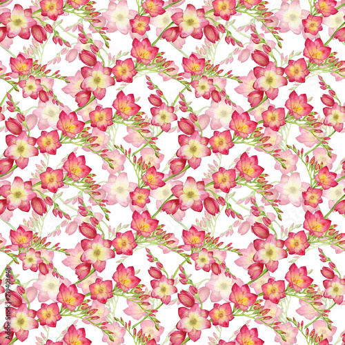 red flowers freesia, beautiful bouquet branch seamless tropic pattern watercolor illustration.