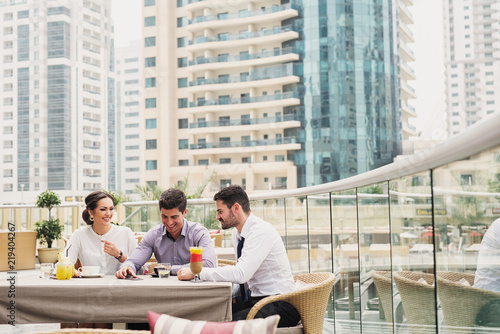 Photography Business meeting on modern balcony in Dubai Marine