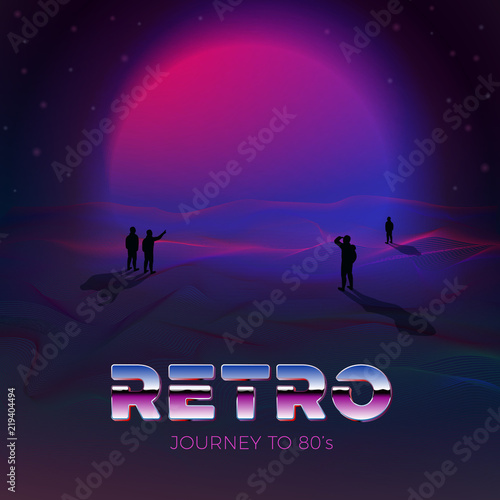 Vector poster design template in 80s retro futurism style, with futuristic violet sun and people gaze on it. Journey concept.