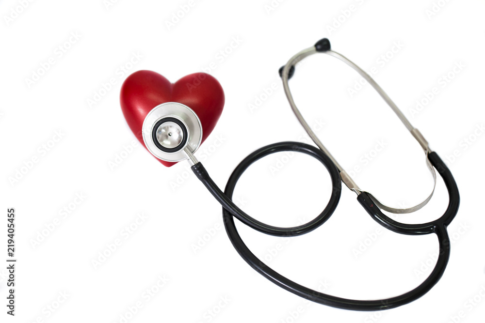 Stethoscope around a red rubber heart on a white background; concept of health healthy heart or cardio examination. Stethoscope around a red rubber heart on a white background; concept of health healthy heart or cardio examination.