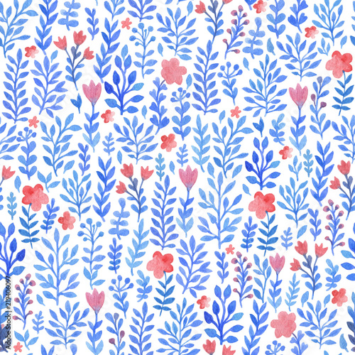 Blue watercolor floral seamless pattern