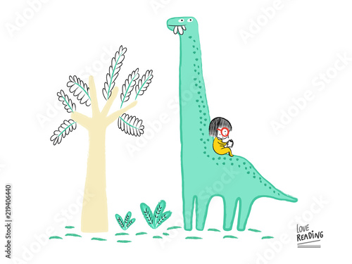 Love Reading. Girl reading a book on top of a Diplodocus, vector illustration