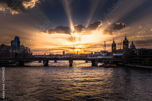 London - August 06  2018  Sunset from from London Bridge in downtown London  England