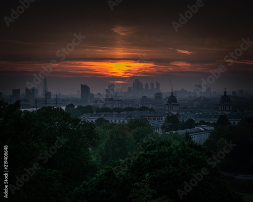Sunset over London sky line from Greenwich park