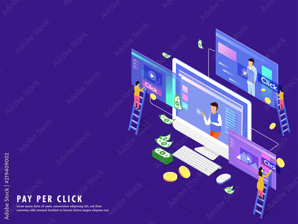 Isometric illustration of desktop with video play screen, money and coin stack, people buy or make online payment. Pay Per Click or online payment concept isometric design. Stock Vector