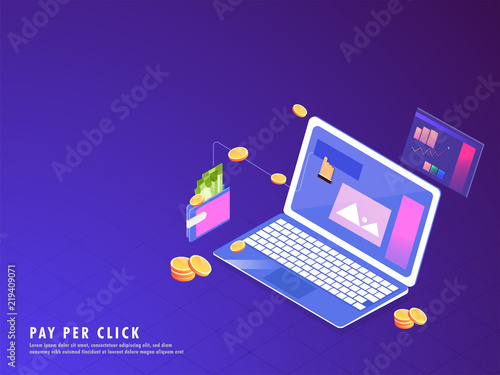 Online Payment or Pay Per click concept, isometric laptop with wallet and coin stack. Can be used as responsive web template design.
