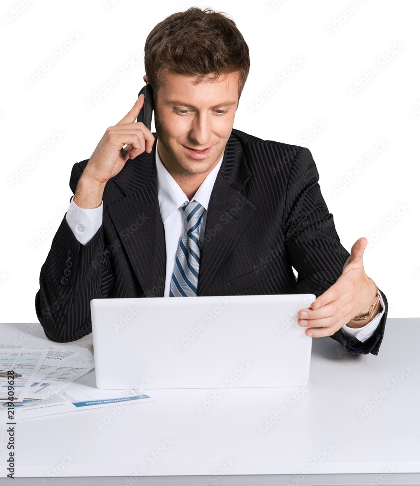 Portrait of young man using laptop isolated on white background Portrait of young man using laptop isolated on white background