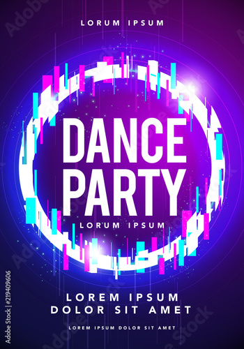 Summer Night Club Party Flyer or Poster Layout Template. Musical electro concert, event, festival in the style of techno, minimal, trance or Indie rock. Electric discharge, glitch effect background.