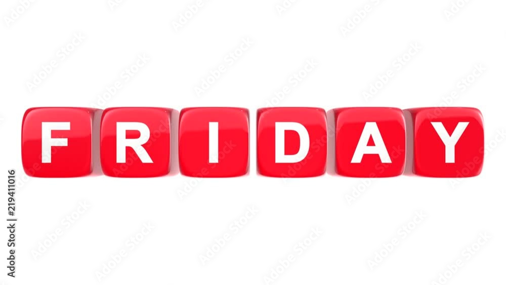 Friday text word on red glossy cubes 3D animation on white background Friday text word on red glossy cubes 3D animation on white background
