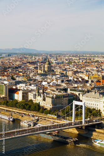A view of the Elisabeth Bridge and the basilica of St. Stephen. Panorama of the Hungarian capital of Budapest.