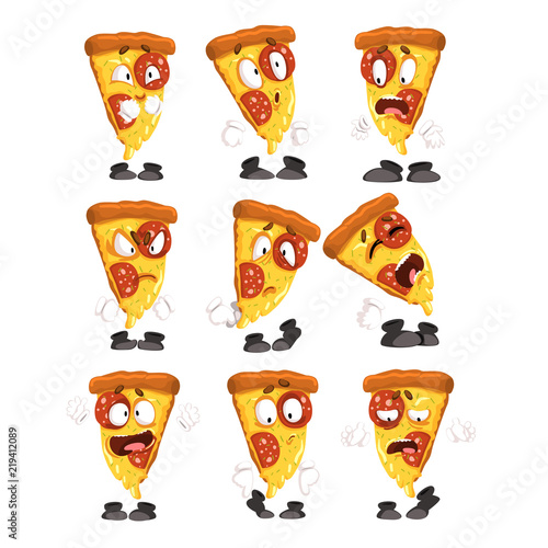 Cute funny slice of pizza with different emotions set, humanized cartoon fast food character vector Illustrations on a white background
