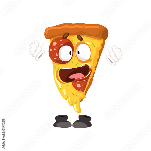 Cute funny slice of pizza, humanized cartoon fast food character vector Illustration on a white background