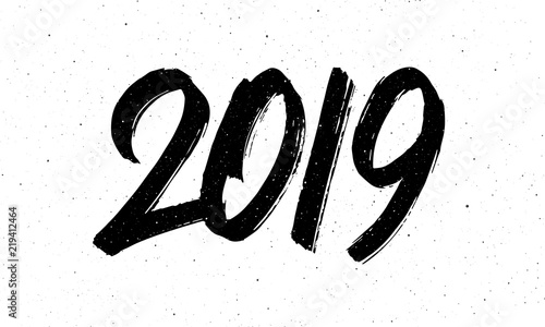 2019 Happy New Year of the Pig. Greeting card design template with chinese calligraphy for holiday. Hand drawn lettering on vintage subtle grunge background. Vector illustration