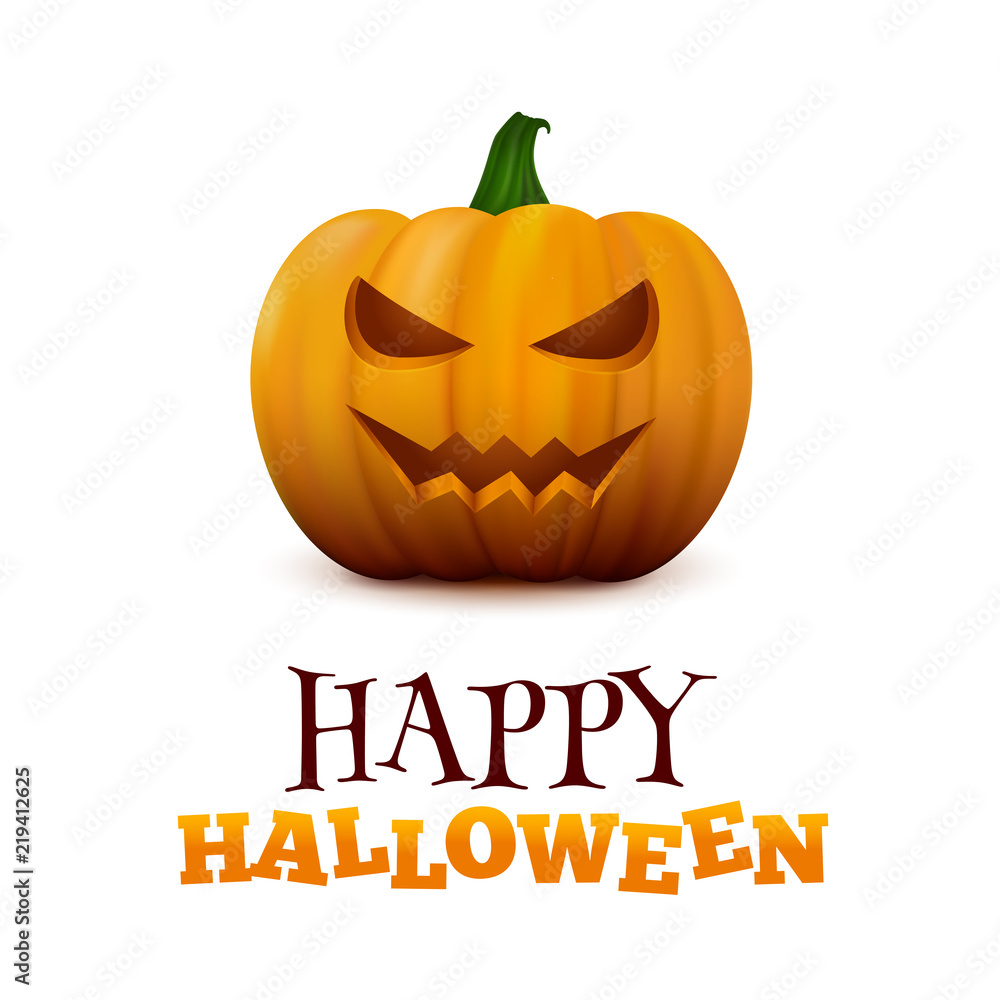 Happy Halloween typographic text and orange realistic pumpkin isolated on white vector background. Halloween party flyer design Happy Halloween typographic text and orange realistic pumpkin isolated on white vector background. Halloween party flyer design