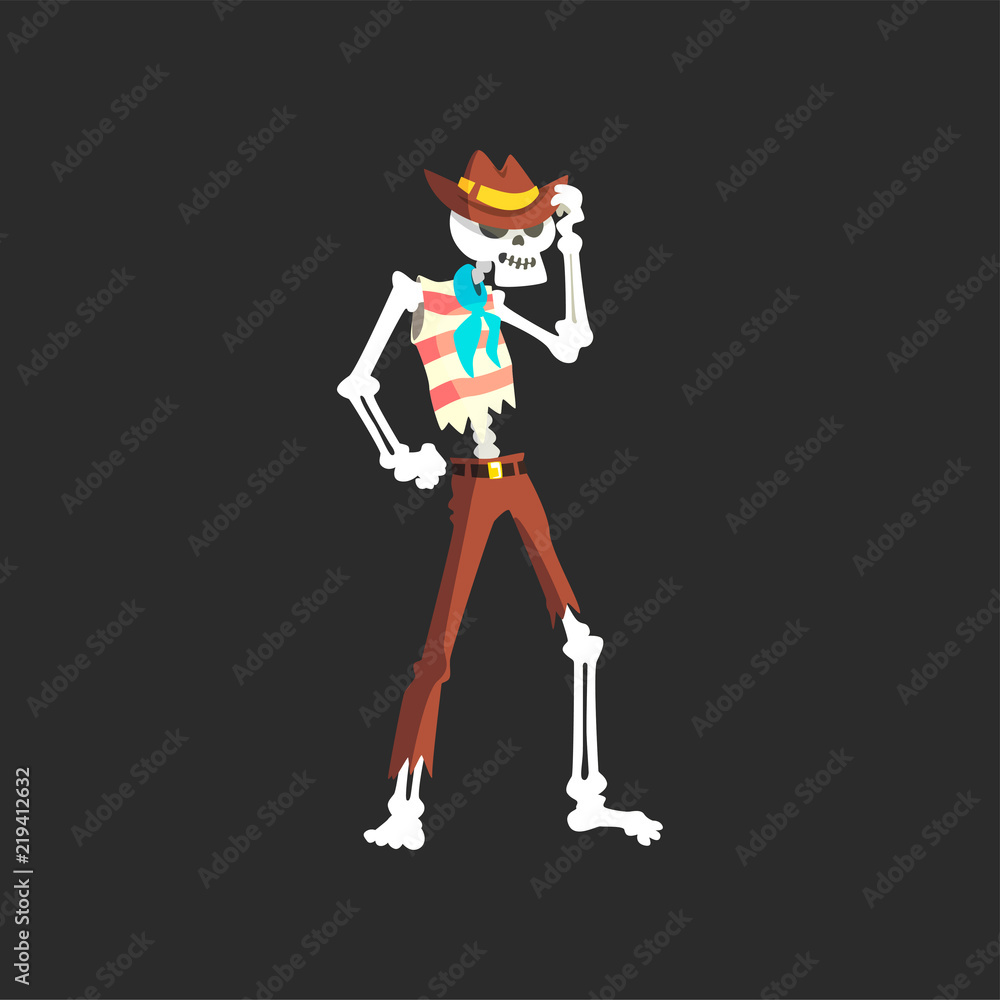 Creepy skeleton character in cowboy hat dancing vector Illustration Creepy skeleton character in cowboy hat dancing vector Illustration
