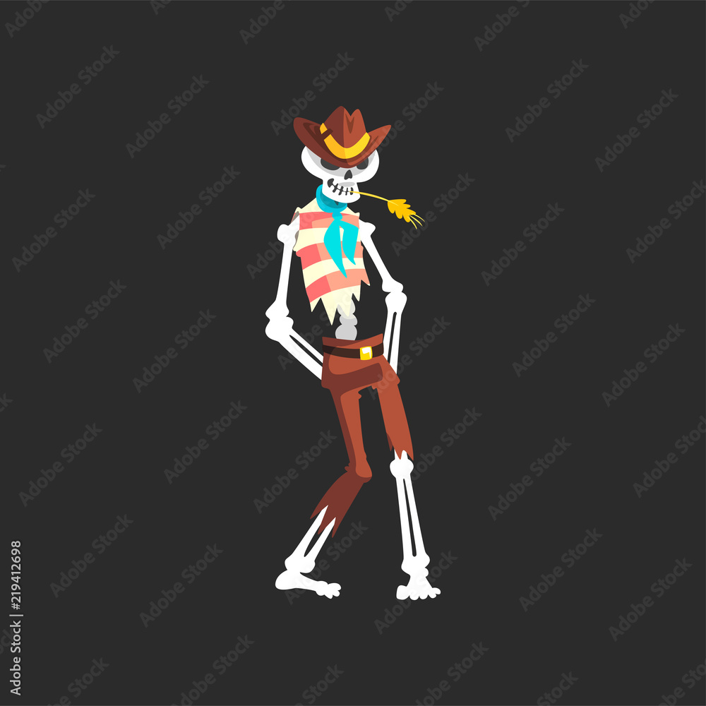 Creepy skeleton cowboy character wearing hat, vest and trousers vector Illustration Creepy skeleton cowboy character wearing hat, vest and trousers vector Illustration