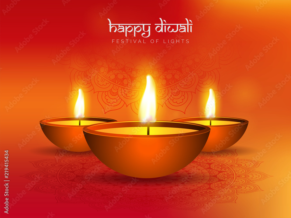 Festival Of Lights Diwali celebration background with illuminated oil lamps on orange floral background. Festival Of Lights Diwali celebration background with illuminated oil lamps on orange floral background.