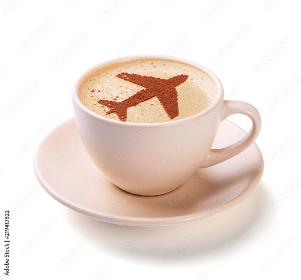 Obraz premium Cup of coffee with airplane on foam. Morning coffee