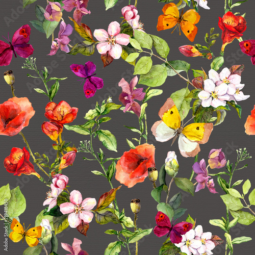Meadow flowers and butterflies repeating pattern. Watercolor © zzorik