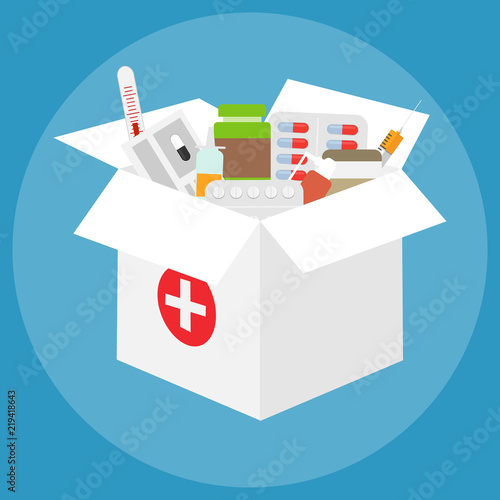 A box of medicines. A large white box with a set of medicines. Flat design, vector illustration, vector.