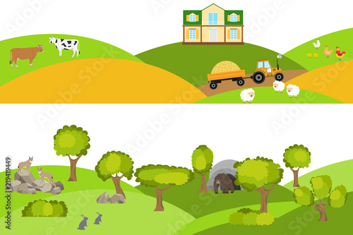 Rural landscape, forest landscape. Landscape with animals and trees. Flat design, vector illustration, vector.