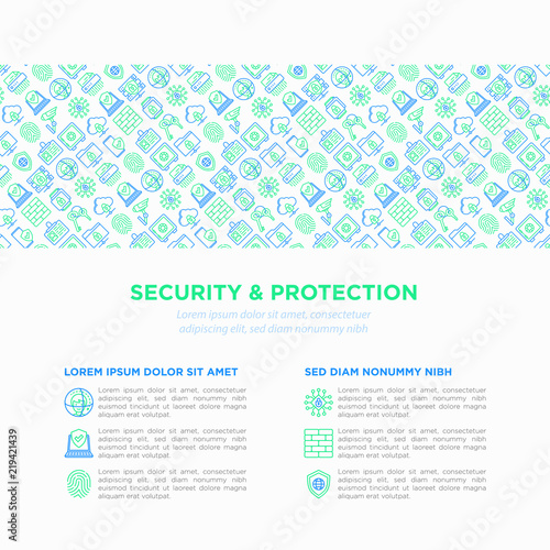 Security and protection concept with thin line icons: mobile security, fingerprint, badge, firewall, face ID, secure folder, keyset, shredder, bank safe, encrypted messaging. Vector illustration.