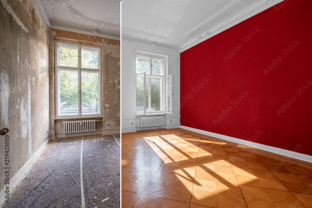 home renovation - old apartment room during restoration or refurbishment - obrazy, fototapety, plakaty 