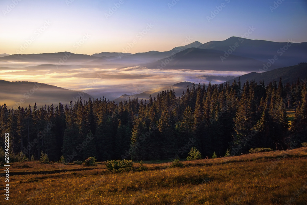 Ukrainian mountains - Karpaty.   Early in the morning.
