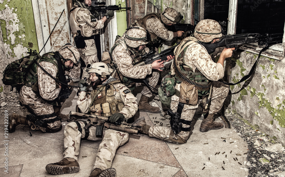 Special operations forces soldiers team, commando assault squad