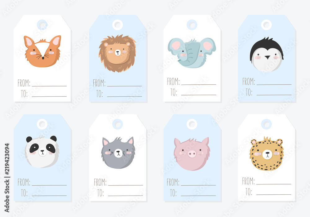 Vector collection of tags with cute animals in pastel colors