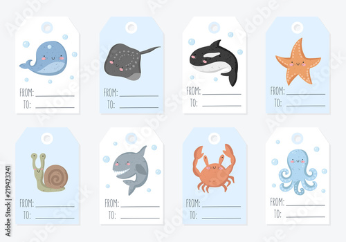 Vector collection of tags with cute sea animals in pastel colors