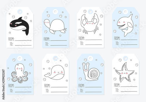 Vector collection of tags with cute sea animals in pastel colors