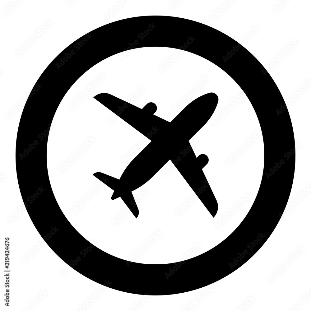 Airplane icon black color in round circle Airplane icon black color in round circle