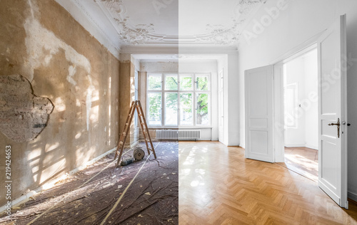 renovation concept - apartment before and after restoration or refurbishment photo