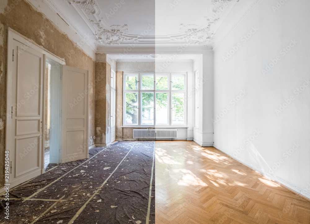 home renovation concept - apartment room restoration  - obrazy, fototapety, plakaty 