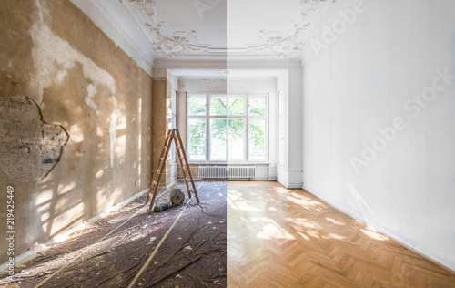 apartment renovation - empty room before and after  refurbishment  or restoration photo