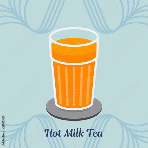 HOT MILK TEA ON BLUE BACKGROUND
A big glass of hot milk tea on the blue background with words and light  blue pattern.