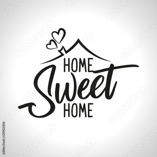 Home Sweet Home - Typography poster. Handmade lettering print. Vector vintage illustration with house hood and lovely heart and incense chimney.  photo